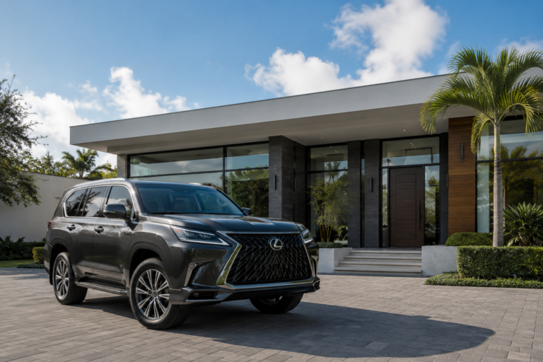 Luxury SUV parked in front of a flat room apartment